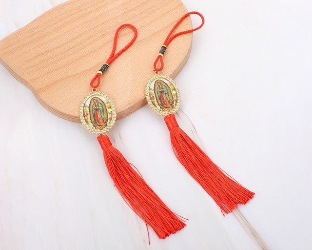 Red Oval Guadalupe Tassel Hanging Car Home Wall Accessories - Pack of 12