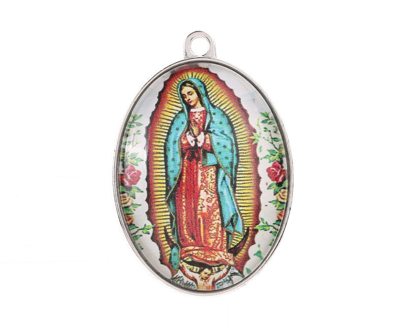 1 Inch x 1.75 Inch Silver 2 Sided Oval Frame Guadalupe Charm Pendant Pack of 12