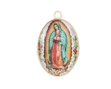1 Inch x 1.75 Inch Gold 2 Sided Oval Frame Guadalupe Charm Pendant Pack of 12