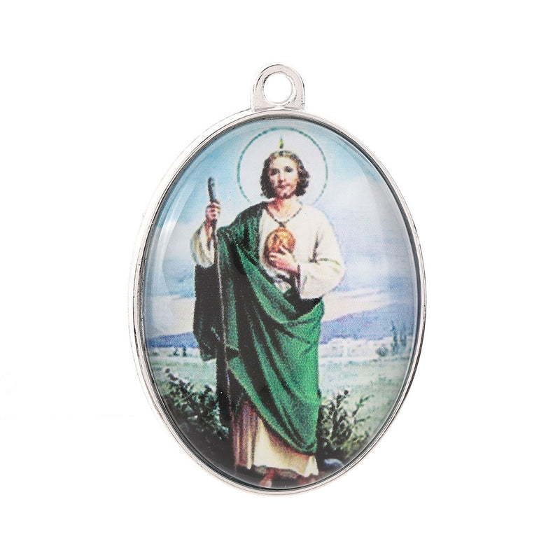 1 Inch x 1.75 Inch Silver 2 Sided Oval Frame St Judas Charm Pendant Pack of 12