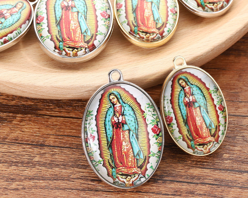 1 Inch x 1.75 Inch Gold 2 Sided Oval Frame Guadalupe Charm Pendant Pack of 12