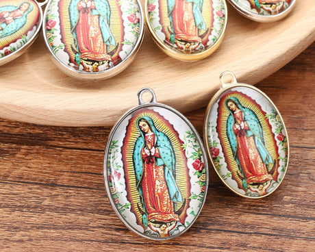 1.25 x 2 Inch Silver Two Sided Oval Frame Our Lady of Guadalupe Charm Pendant Pack of 12