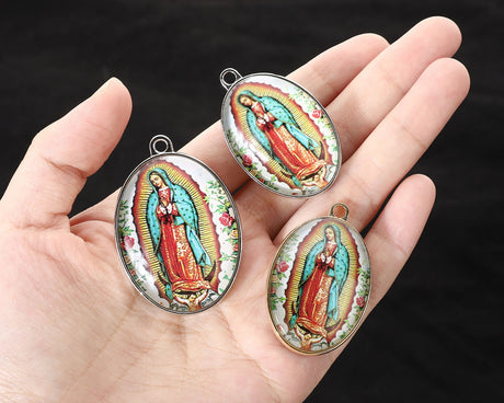 1 Inch x 1.75 Inch Silver 2 Sided Oval Frame Guadalupe Charm Pendant Pack of 12