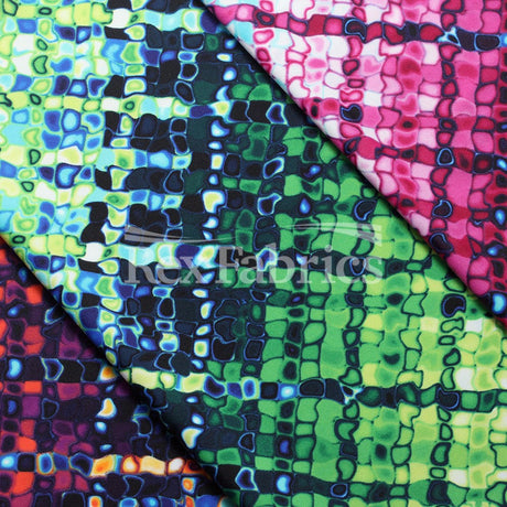 Kaleidoscope Stripe Nylon Spandex Fabric - Fuchsia, Green, Multi Abstract Print, 4-Way Stretch, 58/60" Width (1 Yard)