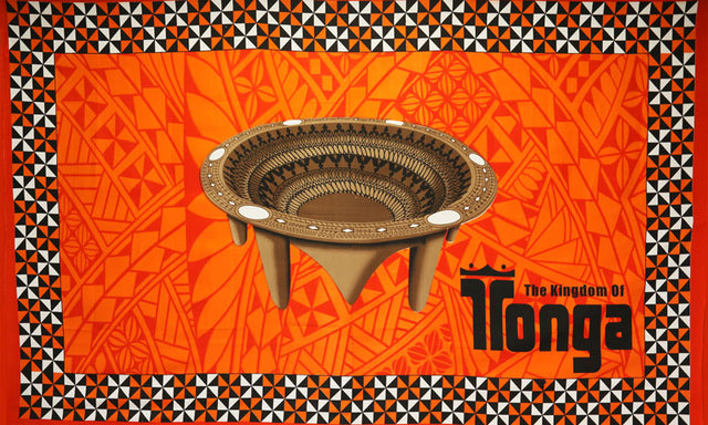 Kingdom Of Tonga Kava Bowl All Around Border Polyester Fabric - Orange, Blue, Yellow, Green, Red, All Around Border, 72" X 45" (1 Yard)