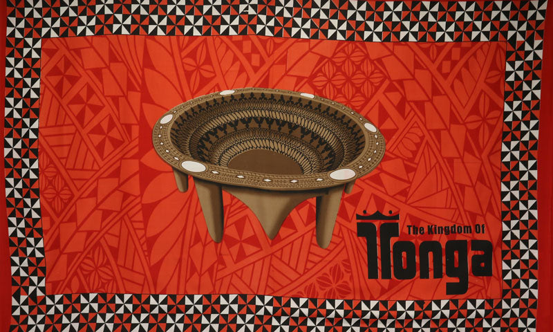 Kingdom Of Tonga Kava Bowl All Around Border Polyester Fabric - Orange, Blue, Yellow, Green, Red, All Around Border, 72" X 45" (1 Yard)