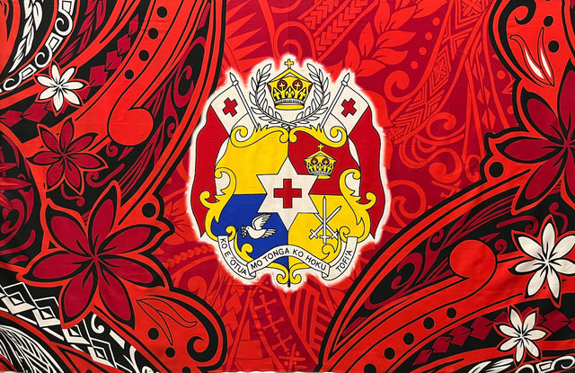 Kingdom Of Tonga Seal Tiare Polyester Fabric - Red, Fuchsia, Royal, Green, Tongan Seal And Tiare Print, 62" L X 45" W (1 Piece)