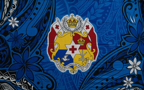 Kingdom Of Tonga Seal Tiare Polyester Fabric - Red, Fuchsia, Royal, Green, Tongan Seal And Tiare Print, 62" L X 45" W (1 Piece)