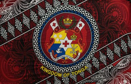 Kingdom Of Tonga Seal Tribal Polyester Fabric - Brown, Red, Purple, Teal, Tribal Pattern, 72" X 45" (1 Piece)