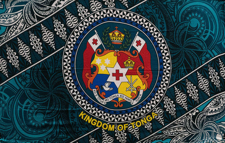 Kingdom Of Tonga Seal Tribal Polyester Fabric - Brown, Red, Purple, Teal Tribal Seal Print, 72" L X 45" W (1 Piece)