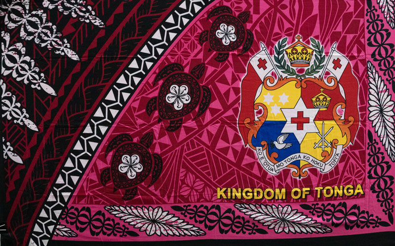 Kingdom Of Tonga Seal Turtle Plumeria Polyester Fabric - Fuchsia, Red, Purple, Green, 72" L X 45" W (1 Piece)