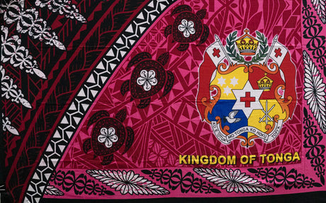 Kingdom Of Tonga Seal Turtle Plumeria Polyester Fabric - Fuchsia, Red, Purple, Green, 72" L X 45" W (1 Piece)