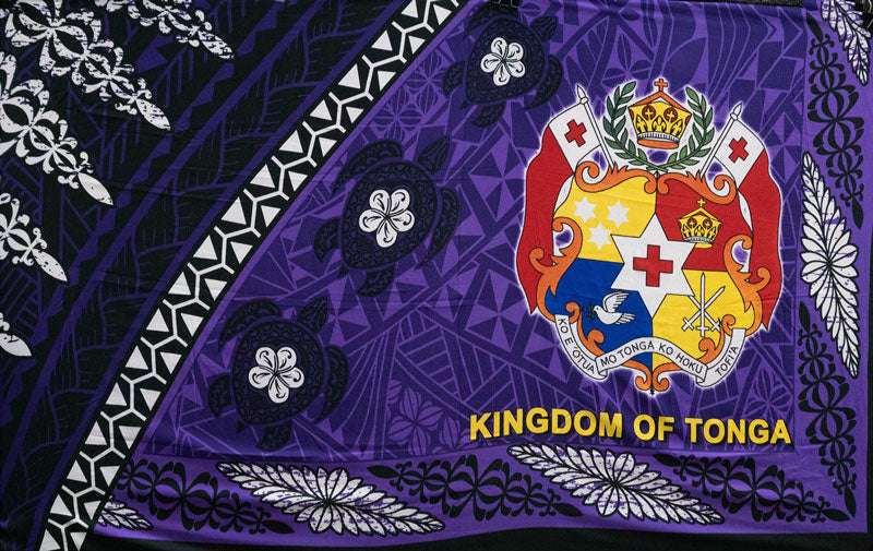 Kingdom Of Tonga Seal Turtle Plumeria Polyester Fabric - Fuchsia, Red, Purple, Green, 72" L X 45" W (1 Piece)