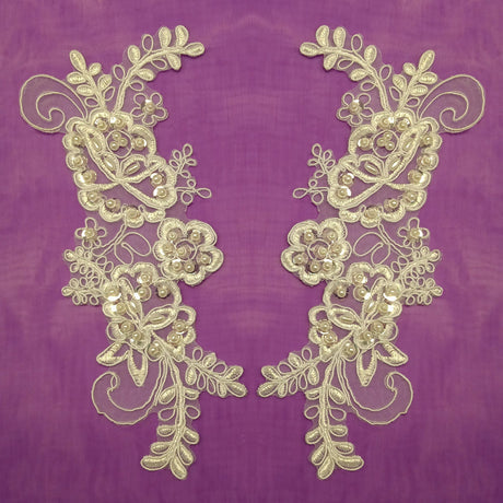Beaded & Corded Lace Applique 100 Percent Polyester Organza Fabric - Ivory, Silver, White, Embroidered, 7.5" X 2.75" (1 Pair)