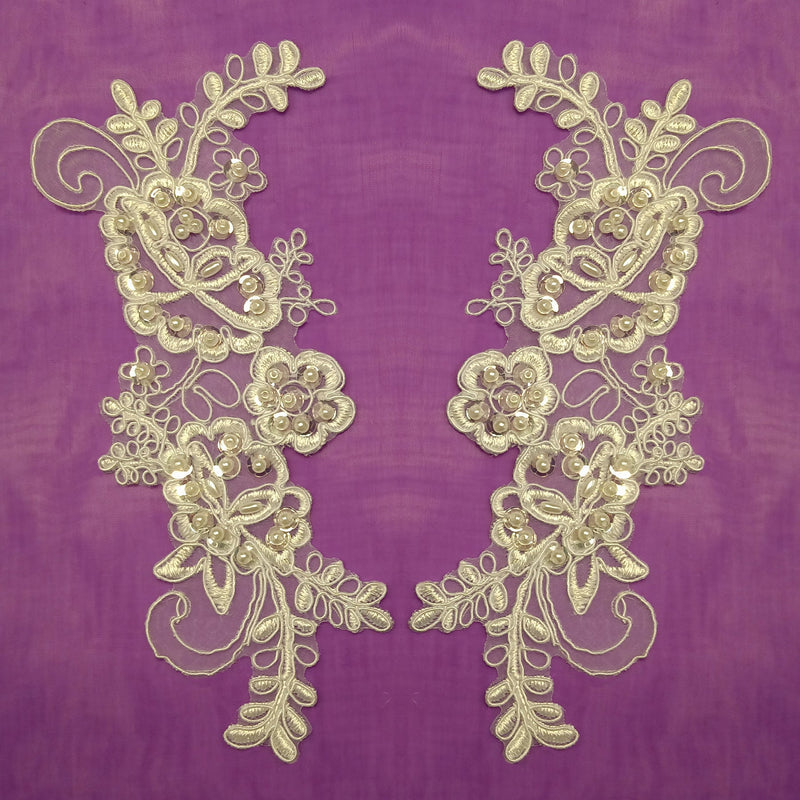 1 Pair Beaded & Corded Lace Applique Embroidered on 100% Polyester Organza 7.5" x 2.75" Each Side