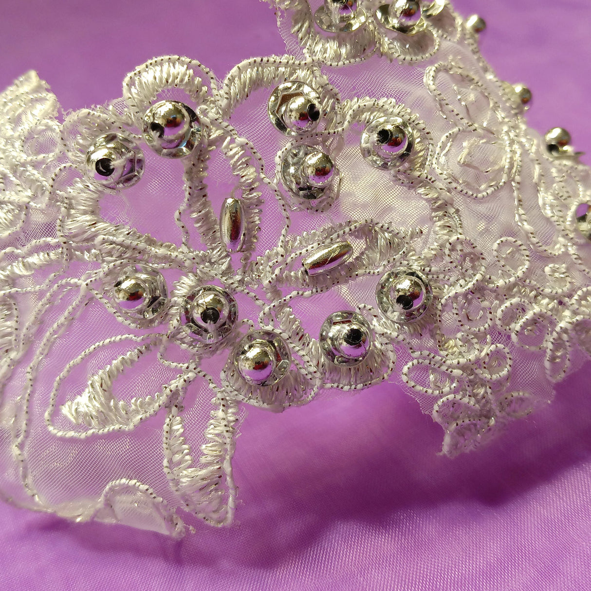 1 Pair Beaded & Corded Lace Applique Embroidered on 100% Polyester Organza 7.5" x 2.75" Each Side