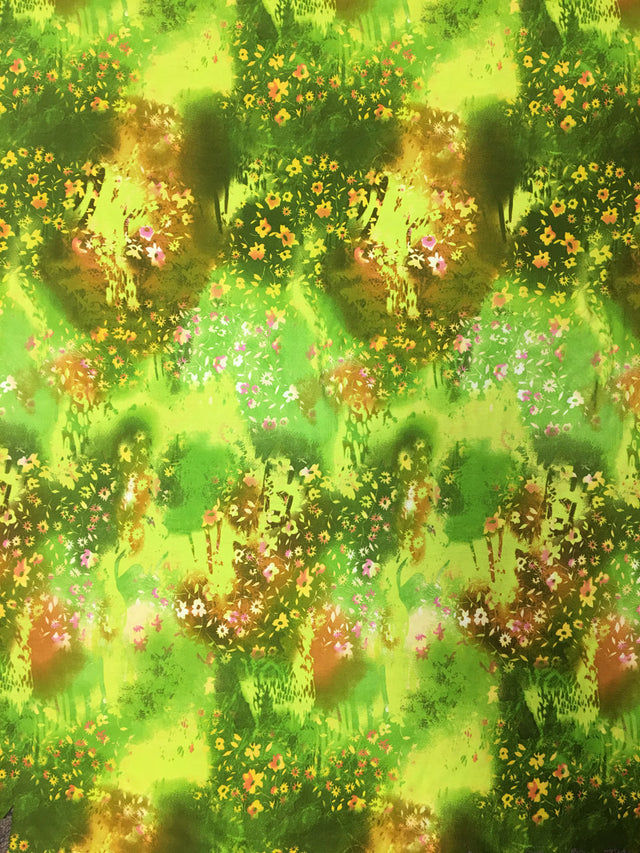 Polyester Spandex Fabric - Floral Design, Silver Shiny Foil, 56" To 58" Width