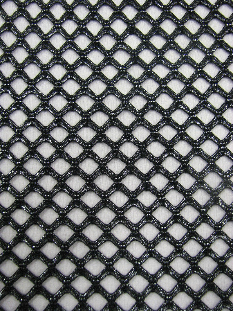 Big Hole 0.5 Inch Diamond Mesh With Shiny Foil Stretch Polyester Spandex Fishnet Fabric - Black/Gold, White/Silver, Black/Silver, 0.5 Inch Diamond Mesh, 58-60" Width