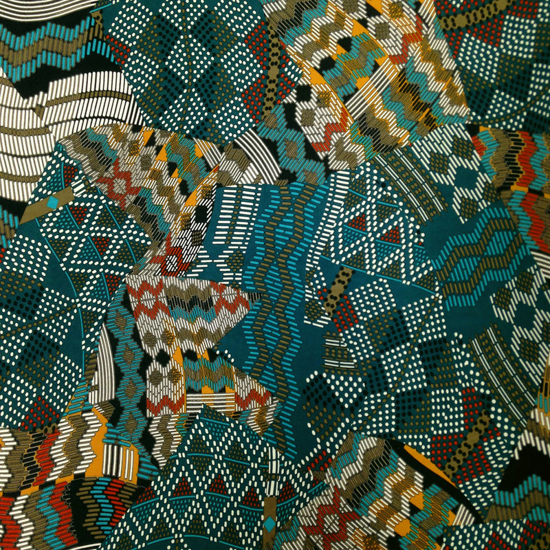 Retro Multi Pattern Big Print Polyester Spandex Fabric - Green, Burgundy, Multi Pattern, 58" To 60" Width