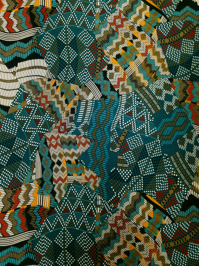 Retro Multi Pattern Big Print Polyester Spandex Fabric - Green, Burgundy, Multi Pattern, 58" To 60" Width