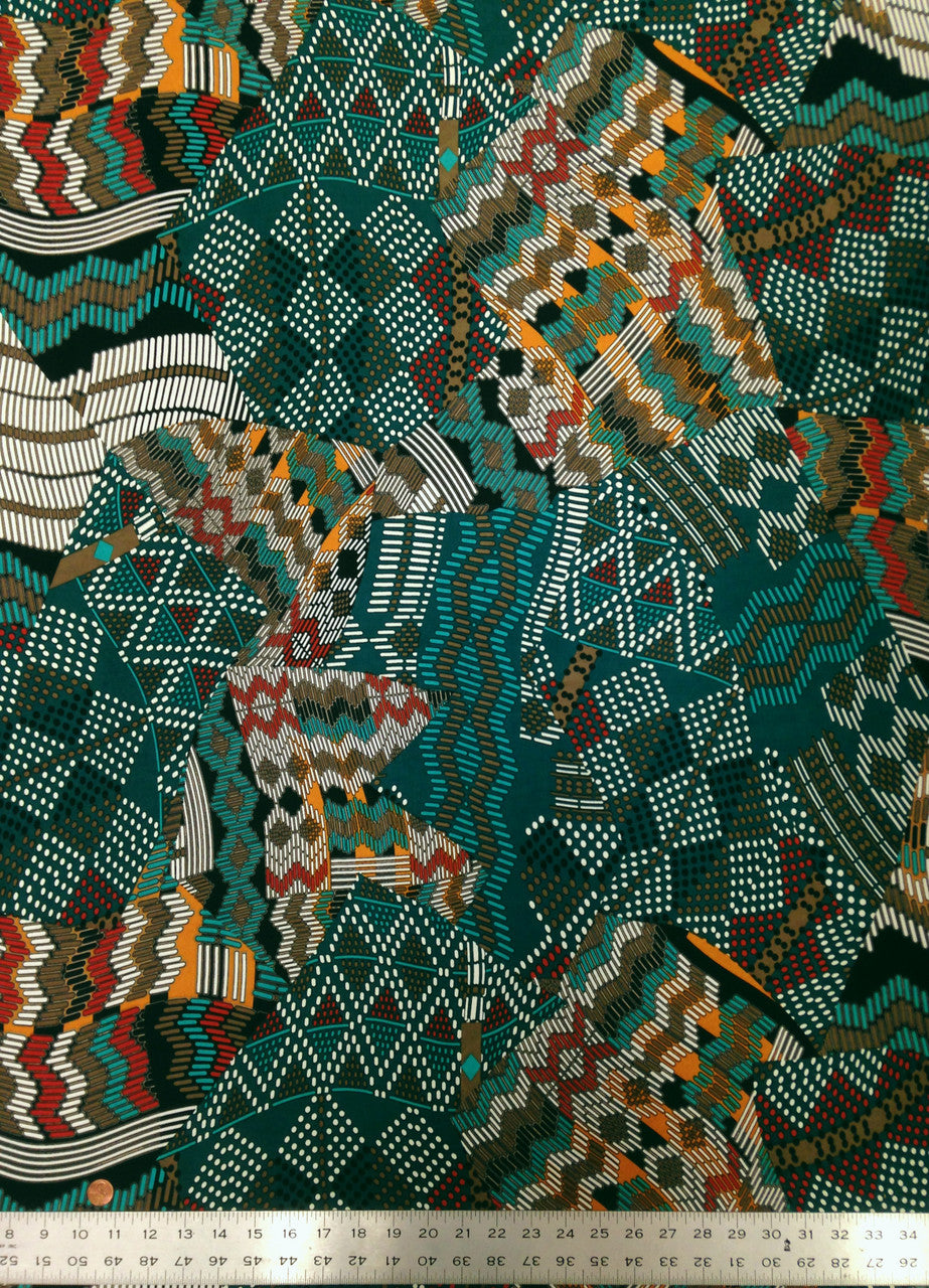 Retro Multi Pattern Big Print Polyester Spandex Fabric - Green, Burgundy, Multi Pattern, 58" To 60" Width