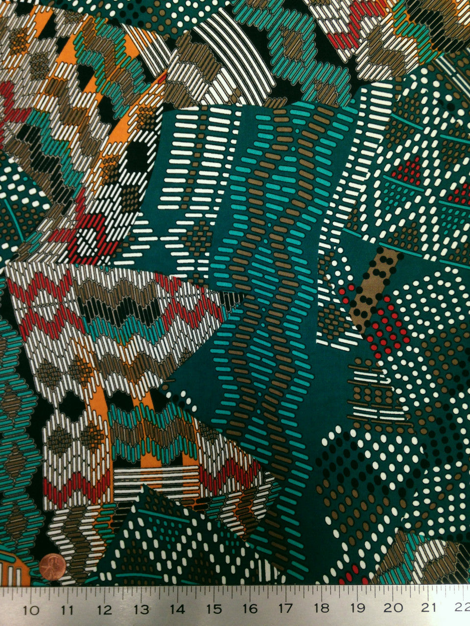 Retro Multi Pattern Big Print Polyester Spandex Fabric - Green, Burgundy, Multi Pattern, 58" To 60" Width