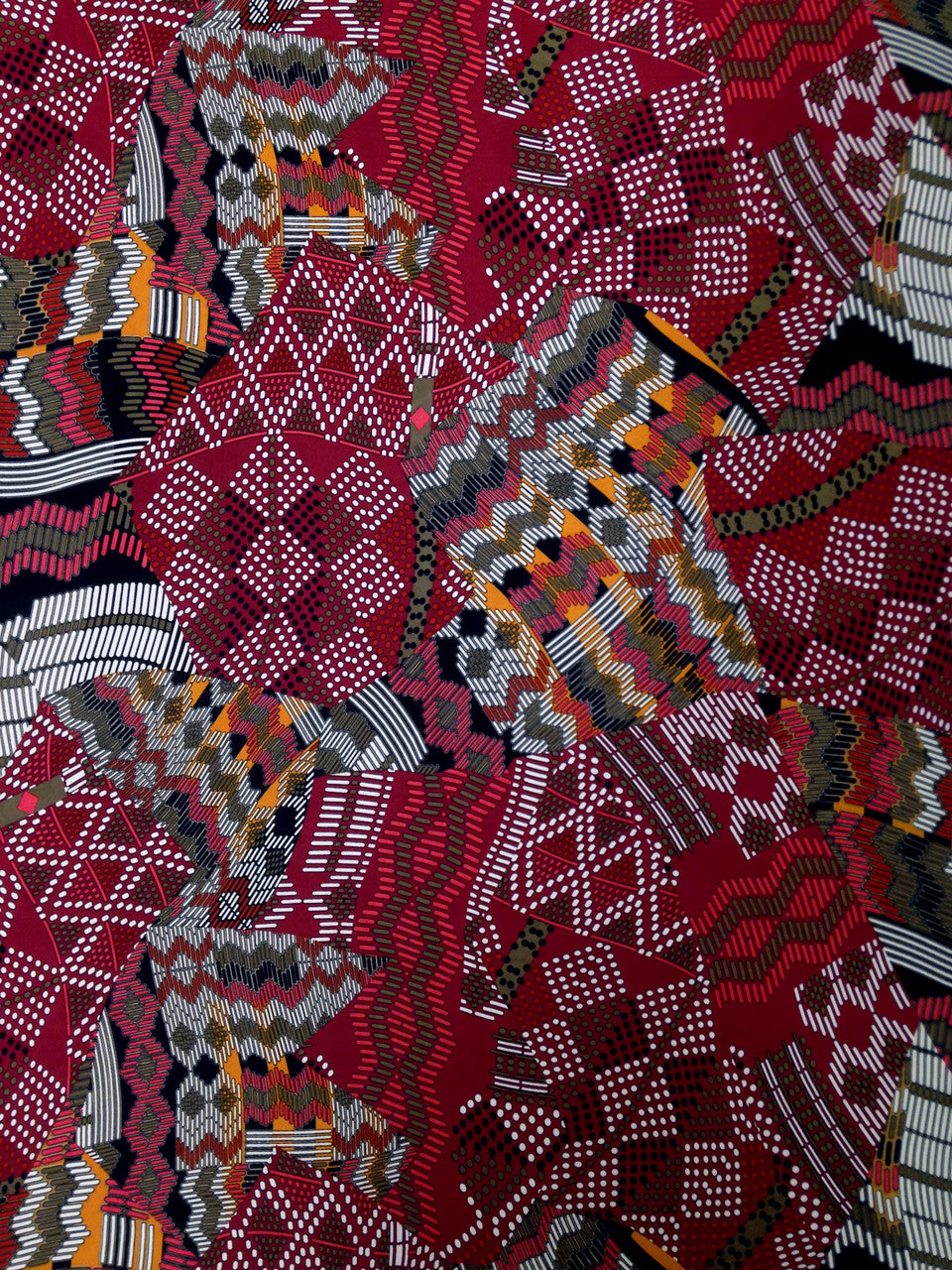 Retro Multi Pattern Big Print Polyester Spandex Fabric - Green, Burgundy, Multi Pattern, 58" To 60" Width