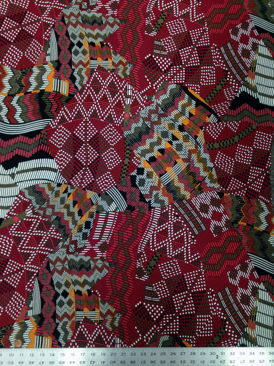 Retro Multi Pattern Big Print Polyester Spandex Fabric - Green, Burgundy, Multi Pattern, 58" To 60" Width