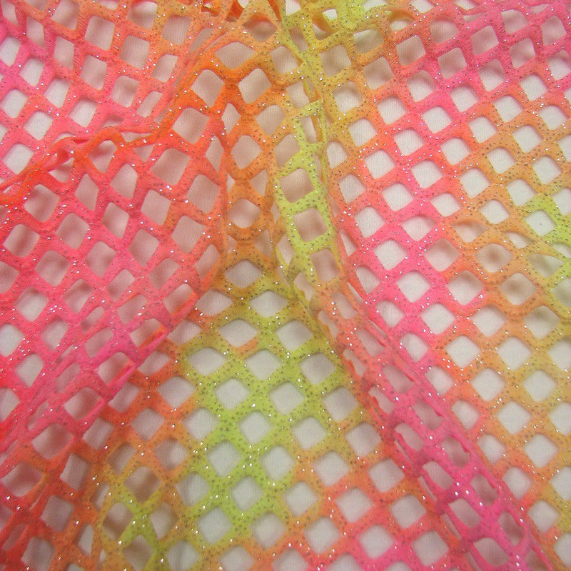 Tie-Dye Pattern Silver Glitter Polyester Spandex Diamond Mesh Fabric - Pink/Orange, Lime/Blue, Navy/Blue, Pink/Purple, 0.5 Inch Diamond Mesh, 56"-58" Width