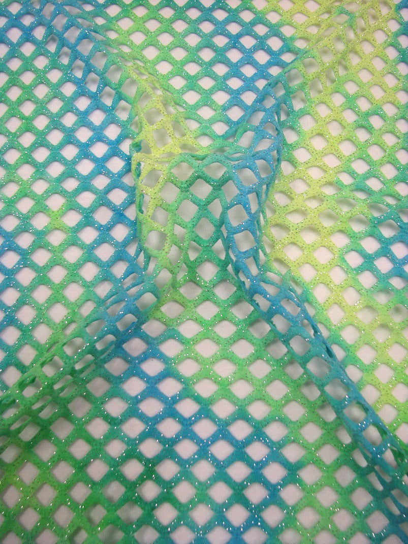 Tie-Dye Pattern Silver Glitter Polyester Spandex Diamond Mesh Fabric - Pink/Orange, Lime/Blue, Navy/Blue, Pink/Purple, 0.5 Inch Diamond Mesh, 56"-58" Width