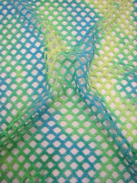 Tie-Dye Pattern Silver Glitter Polyester Spandex Diamond Mesh Fabric - Pink/Orange, Lime/Blue, Navy/Blue, Pink/Purple, 0.5 Inch Diamond Mesh, 56"-58" Width