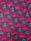 Big Peacock Feather Pattern Polyester Spandex Fabric - Royal, Fuchsia, Red, Peacock Feather Print, 58"- 60" Width