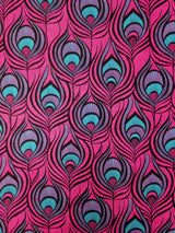 Big Peacock Feather Pattern Polyester Spandex Fabric - Royal, Fuchsia, Red, Peacock Feather Print, 58"- 60" Width