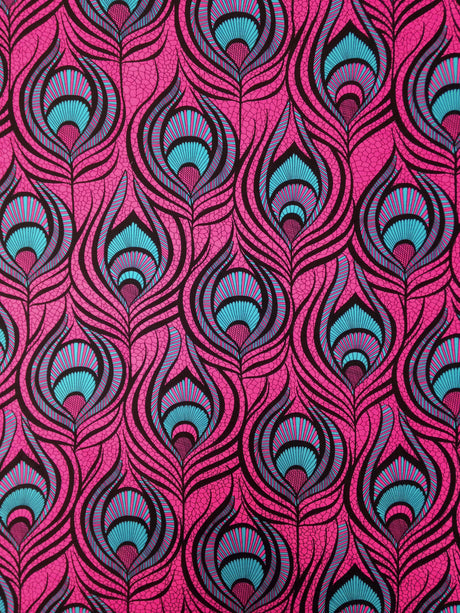 Big Peacock Feather Pattern Polyester Spandex Fabric - Royal, Fuchsia, Red, Peacock Feather Print, 58"- 60" Width