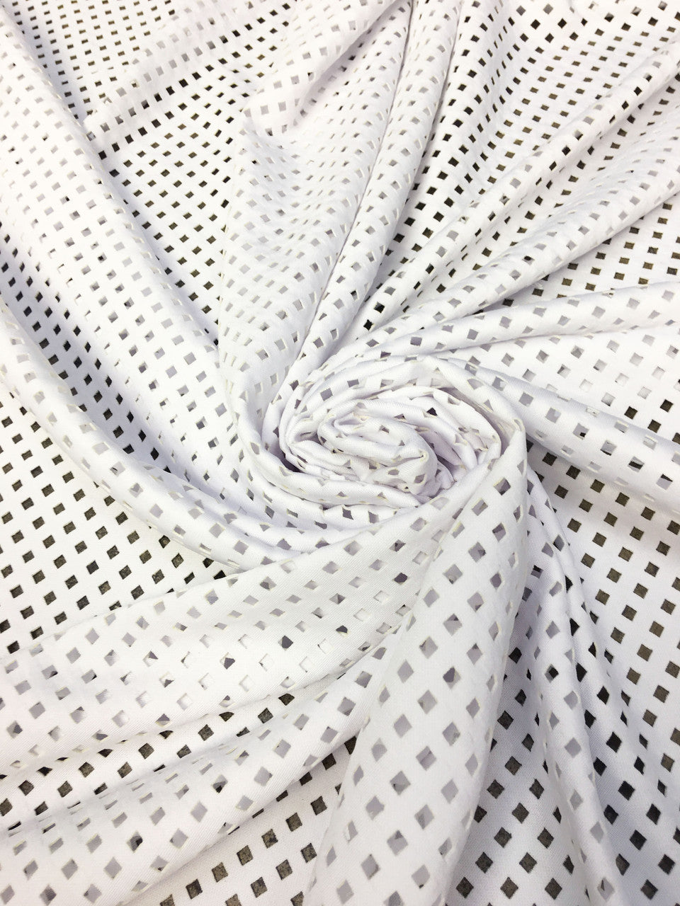 4 Mm Square Laser Cut On Stretch Techno Polyester Spandex Fabric - White, Coral, Dusty Peach, 58"-60" Width