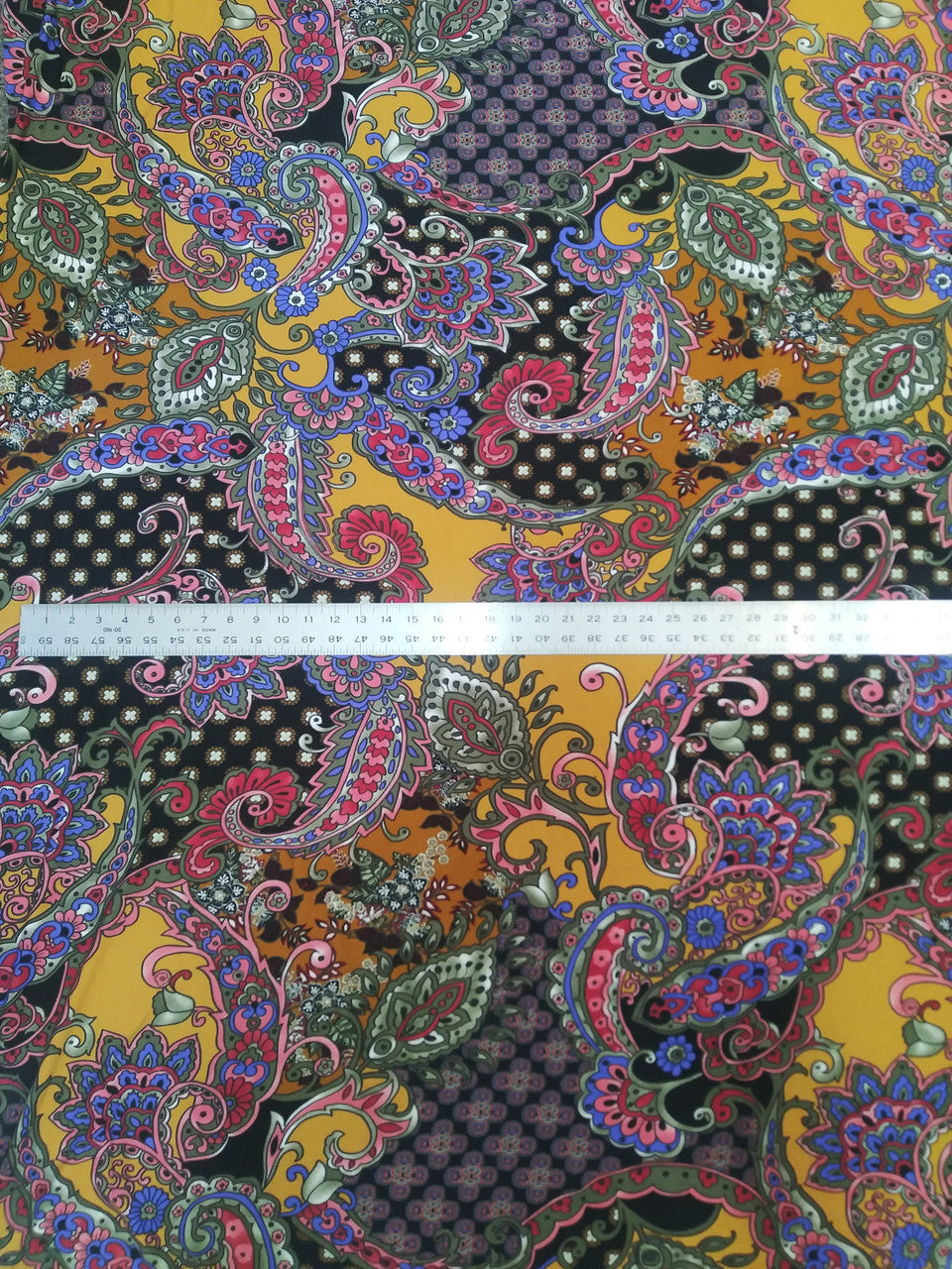 Polyester Spandex ITY Matte Jersey Fabric - Big Paisley Design, Mustard, Red, 58"-60" Width