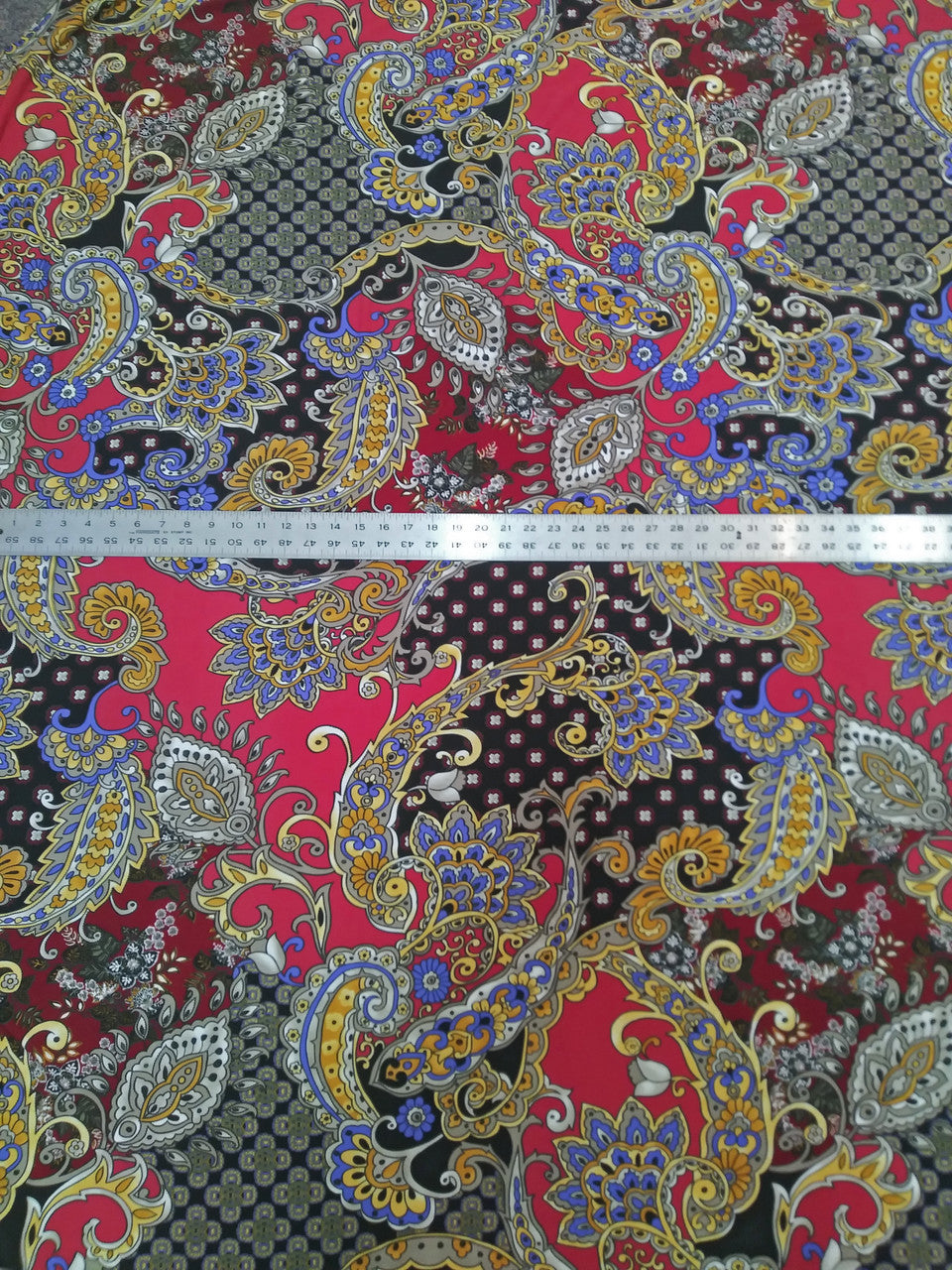 Polyester Spandex ITY Matte Jersey Fabric - Big Paisley Design, Mustard, Red, 58"-60" Width
