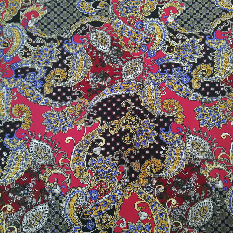 Polyester Spandex ITY Matte Jersey Fabric - Big Paisley Design, Mustard, Red, 58"-60" Width