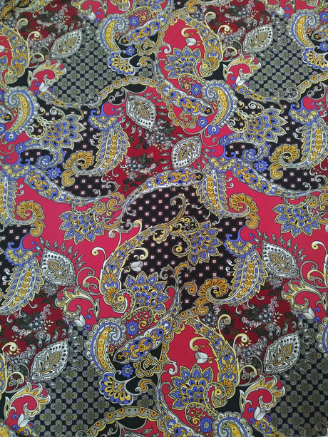 Polyester Spandex ITY Matte Jersey Fabric - Big Paisley Design, Mustard, Red, 58"-60" Width