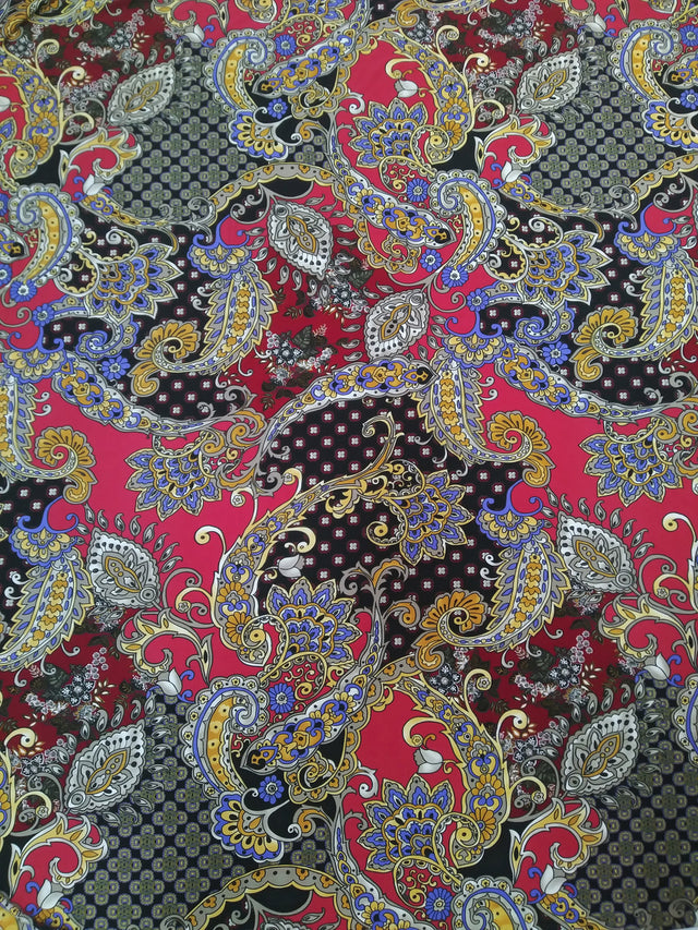 Polyester Spandex ITY Matte Jersey Fabric - Big Paisley Design, Mustard, Red, 58"-60" Width