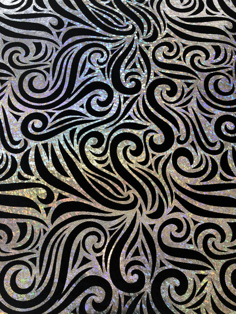 Swirl Hologram Snake Design Foil Polyester Spandex Velvet Fabric - Holo Black, Snake Scale Holographic Design, 58"-60" Width