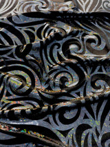 Swirl Hologram Snake Design Foil Polyester Spandex Velvet Fabric - Holo Black, Snake Scale Holographic Design, 58"-60" Width
