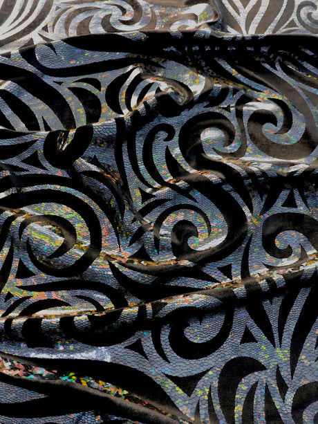 Swirl Hologram Snake Design Foil Polyester Spandex Velvet Fabric - Holo Black, Snake Scale Holographic Design, 58"-60" Width