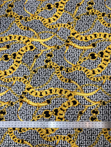 Abstract Chain Design Polyester Spandex Fabric - Red/Gold, White/Gold, Fuchsia/Gold, Abstract Chain Pattern, 58" Width