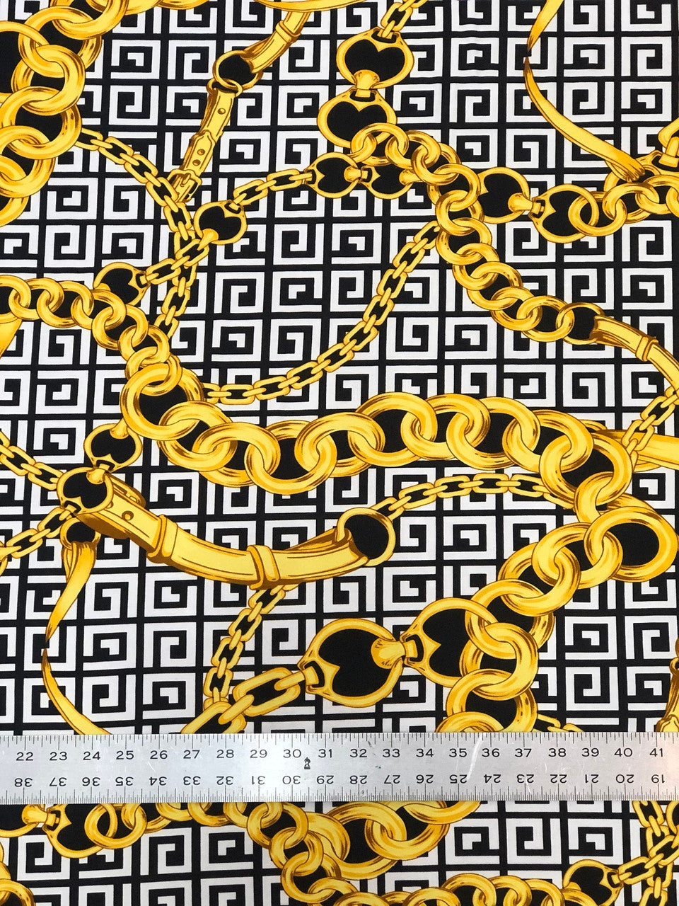 Abstract Chain Design Polyester Spandex Fabric - Red/Gold, White/Gold, Fuchsia/Gold, Abstract Chain Pattern, 58" Width