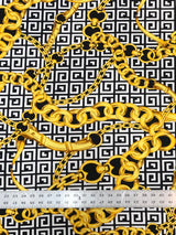 Abstract Chain Design Polyester Spandex Fabric - Red/Gold, White/Gold, Fuchsia/Gold, Abstract Chain Pattern, 58" Width