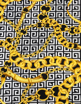 Abstract Chain Design Polyester Spandex Fabric - Red/Gold, White/Gold, Fuchsia/Gold, Abstract Chain Pattern, 58" Width