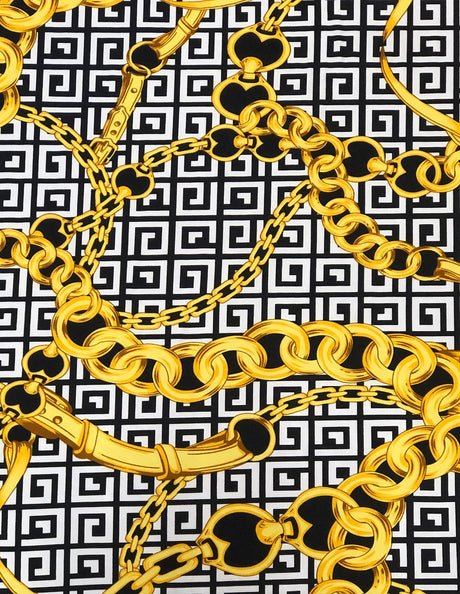 Abstract Chain Design Polyester Spandex Fabric - Red/Gold, White/Gold, Fuchsia/Gold, Abstract Chain Pattern, 58" Width