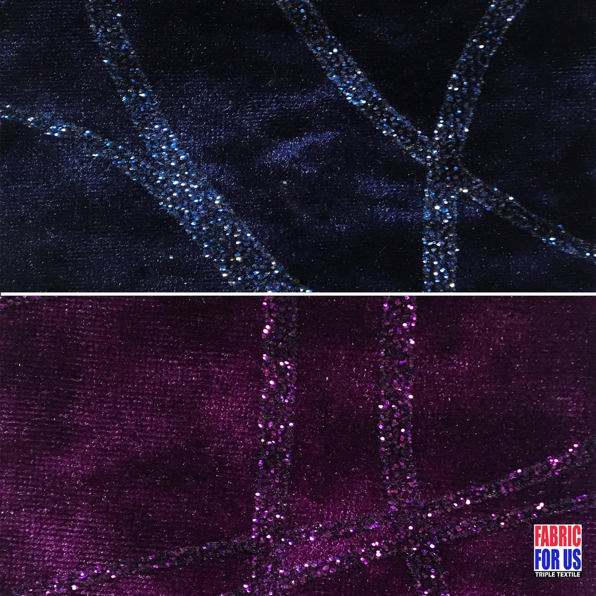 Strands Glitter Design Burnout Velvet Stretch Fabric - Navy, Plum, Glitter Strand Design, 58/60" Width