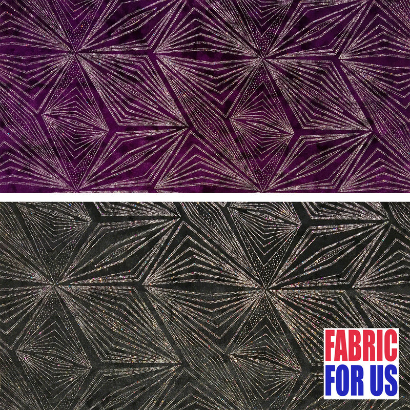 Diagonal Pattern Glitter Design Stretch On Burnout Velvet Fabric - Black, Plum, Diagonal Linear Pattern, 58/60" Wide